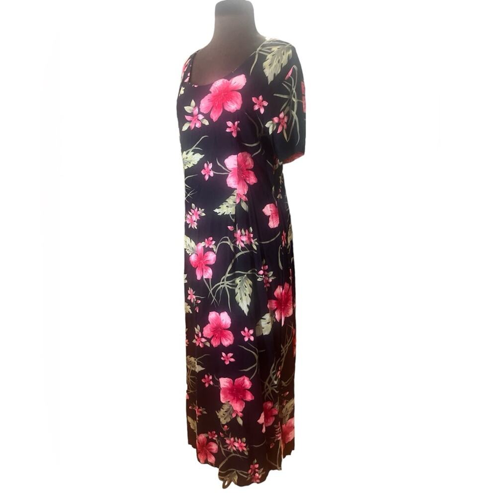 Vtg 90s Mango Moon Hawaiian Floral Modest Short Sleeved Tropical Maxi Dress M